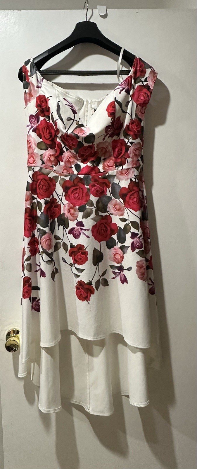Rebecca B. Floral Hi-Low Fit & Flare Dress Cap Sleeve White Red Pink Size 16