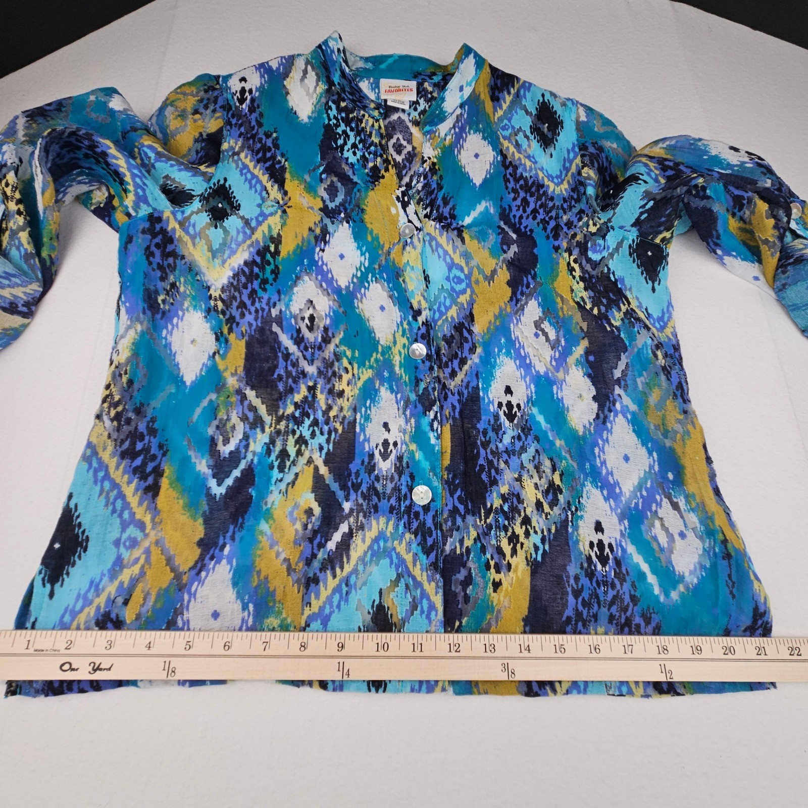 Ruby Rd Favorites Womens 12 Blue Yellow Ikat Geometric Boho Artsy Blouse Top