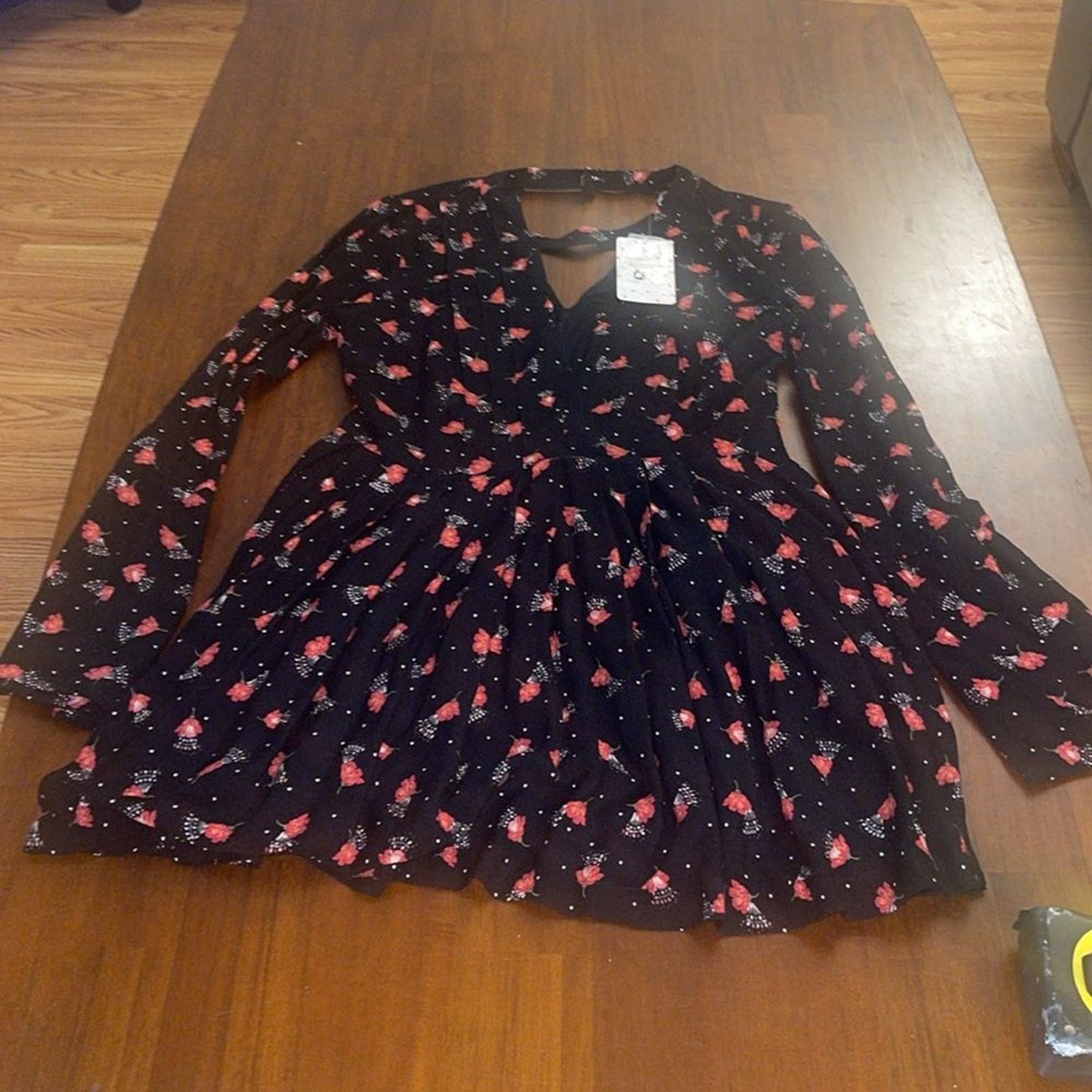 Free People ladies NWT Black Floral Combo Tegan Mini Dress. Size 2.