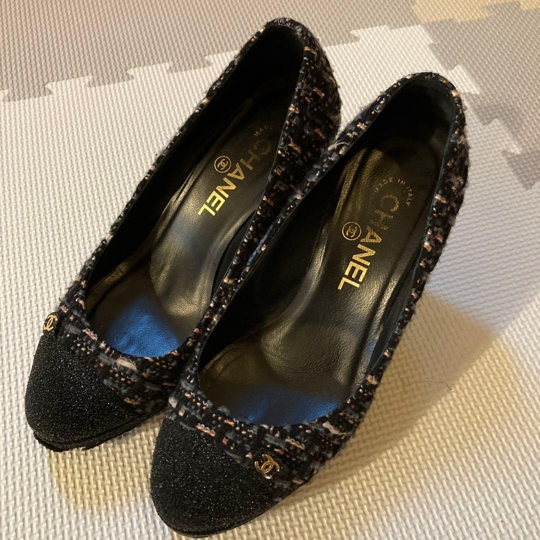 CHANEL Tweed Shoes Pumps Heel Size 23.5CM US 2.8 in Sequins Black Multicolor