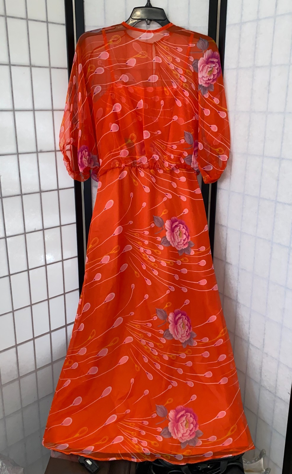Vintage 1960s Mildred’s of Hawaii Womens 6 Orange Pink Floral Chiffon Maxi Dress
