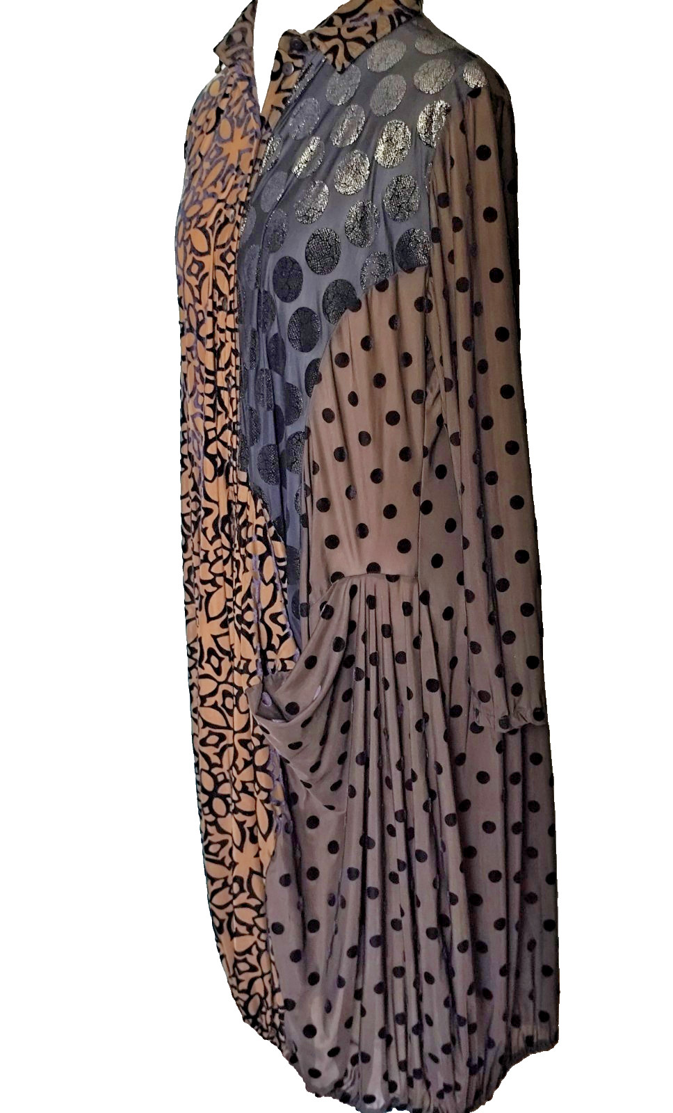 Alembika Draped Cocoon Dress Mix Fabric/Pattern Long Sleeve Bubble Hem Womens XL