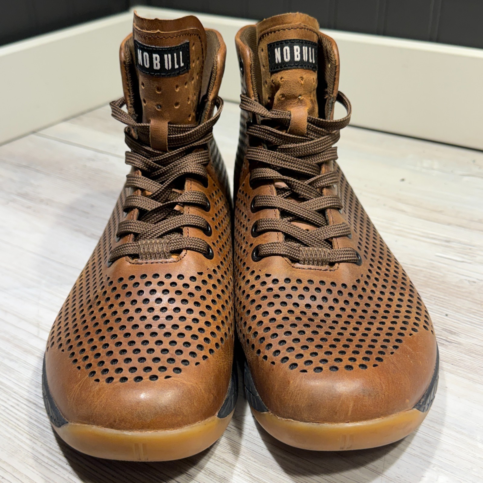 NOBULL High-Top Trainer Coffee Perforated Leather Brown Gum Sole Mens Size 8