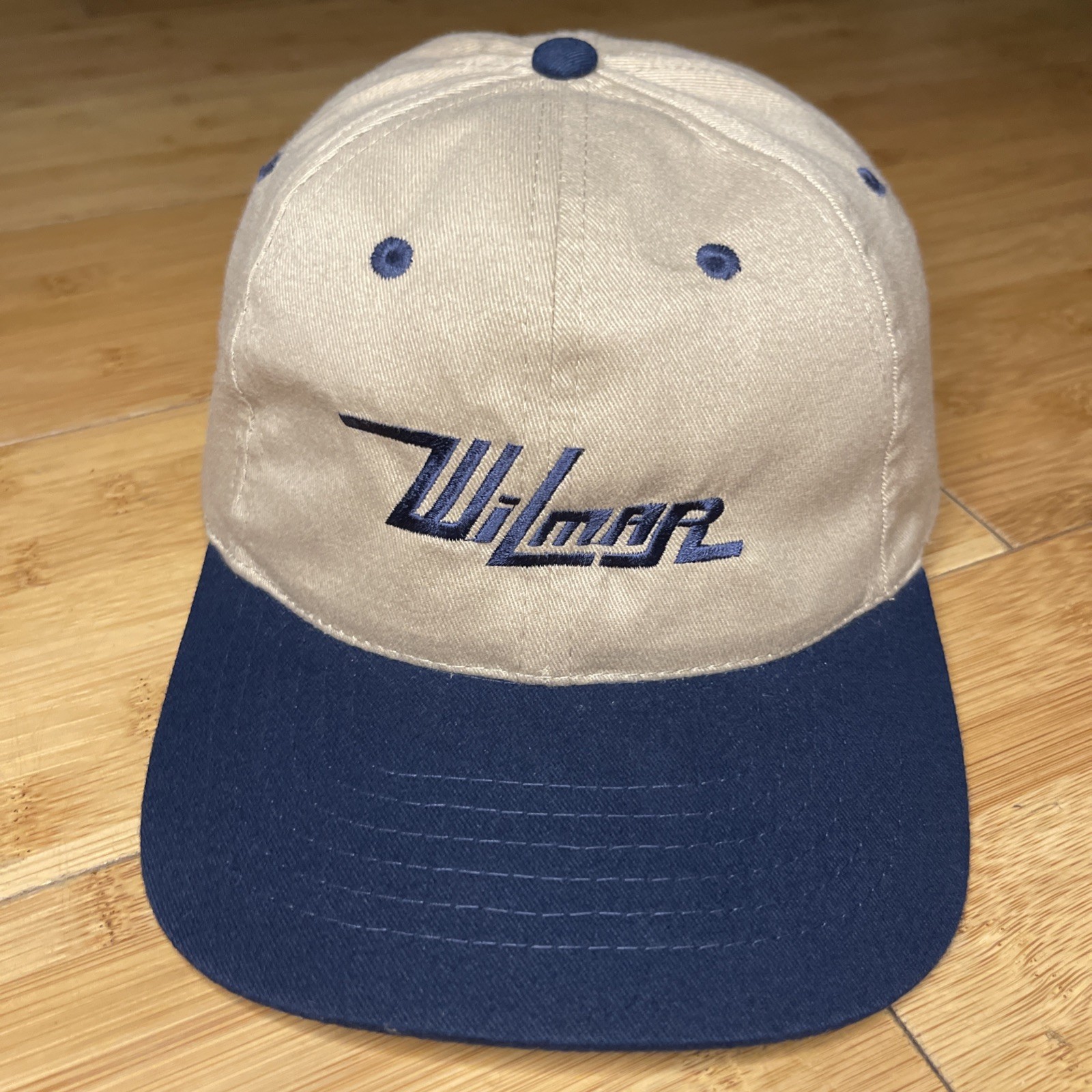 VTG WILMAR Khaki Tan Navy Blue Retro-Crown Men 90s Strapback Dad Hat NICE Unique