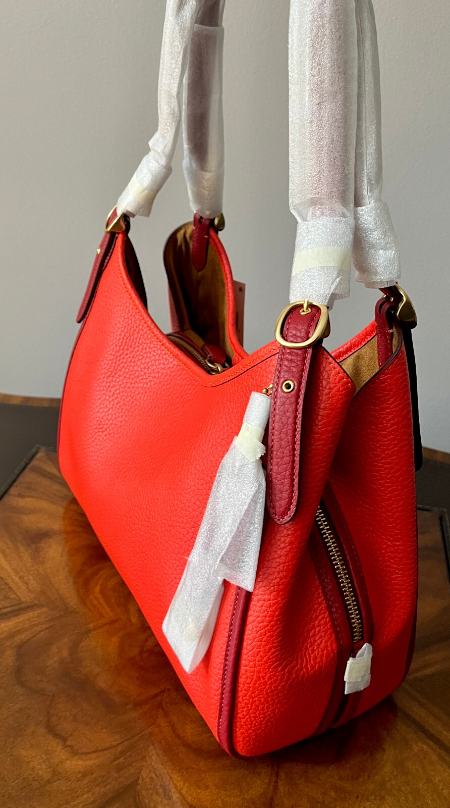NWT COACH LORI SHOULDER BAG Red Orange 2-Tone Pebble Leather 3-Compartments $395