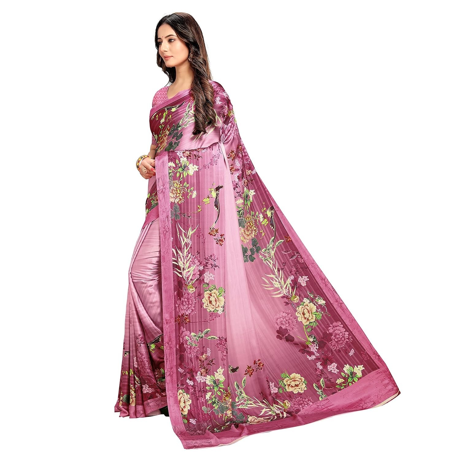 Women’s Japan Satin Digital Floral printed Fashion Saree With Blouse Piece
