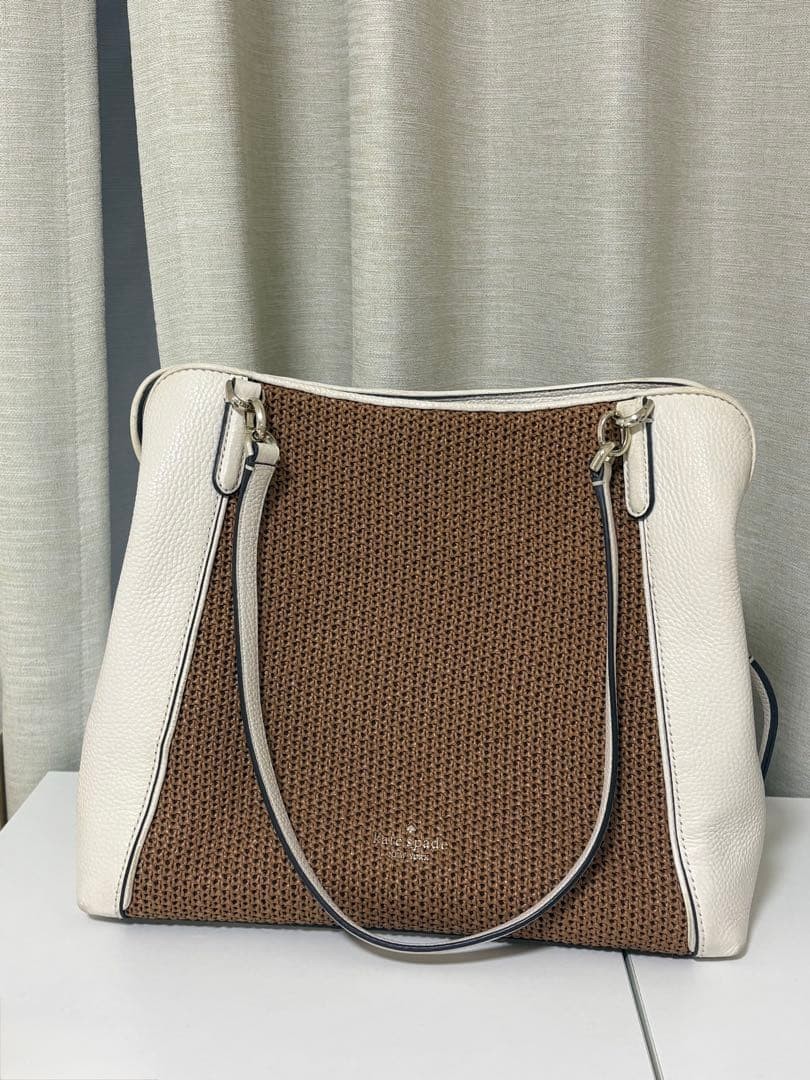 ate Spade New York Woven Leather Tote Bag White Brown Authentic item from Japan
