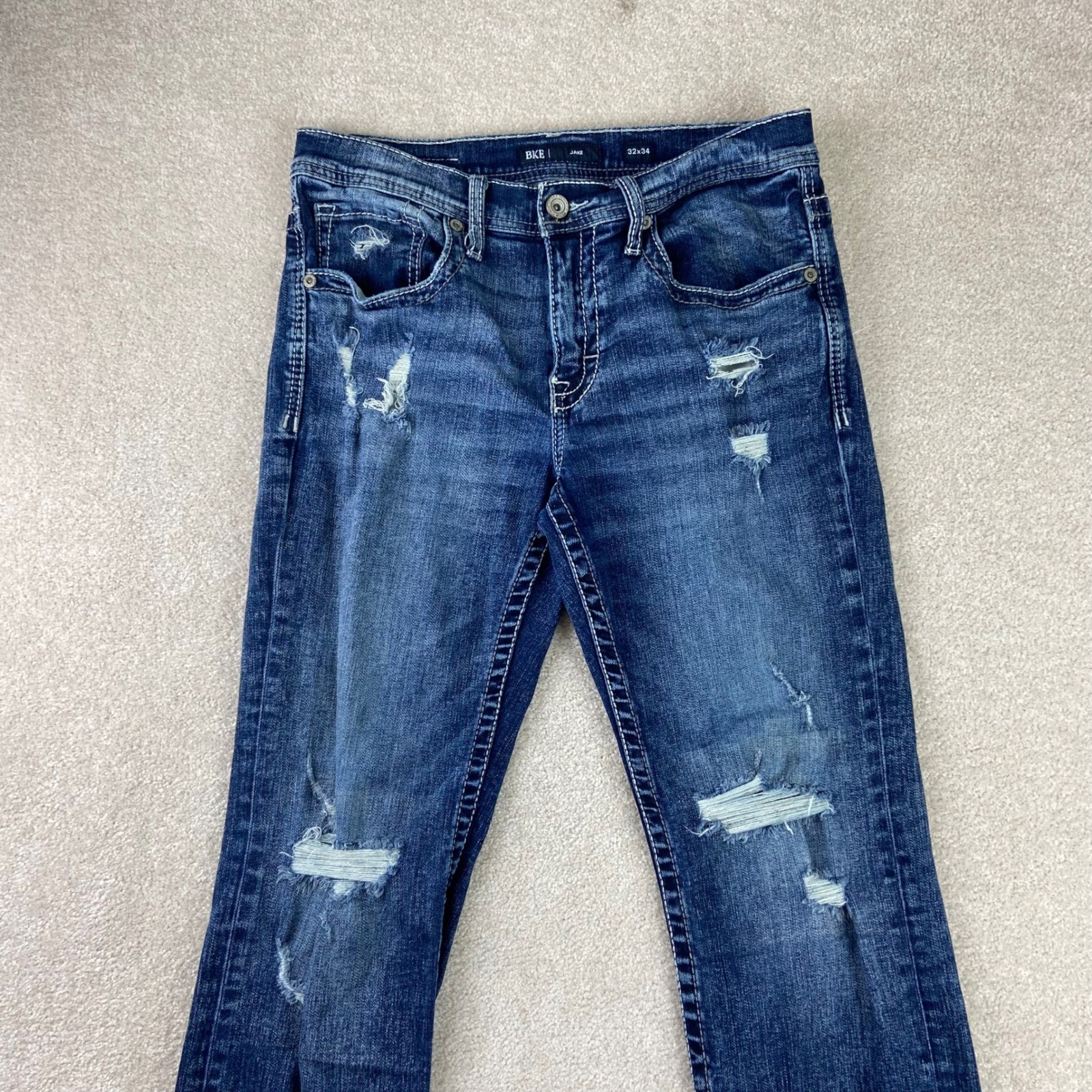 BKE Jake Jeans Mens 32×34 Blue Distressed Bootcut Dark Wash Stretch Denim