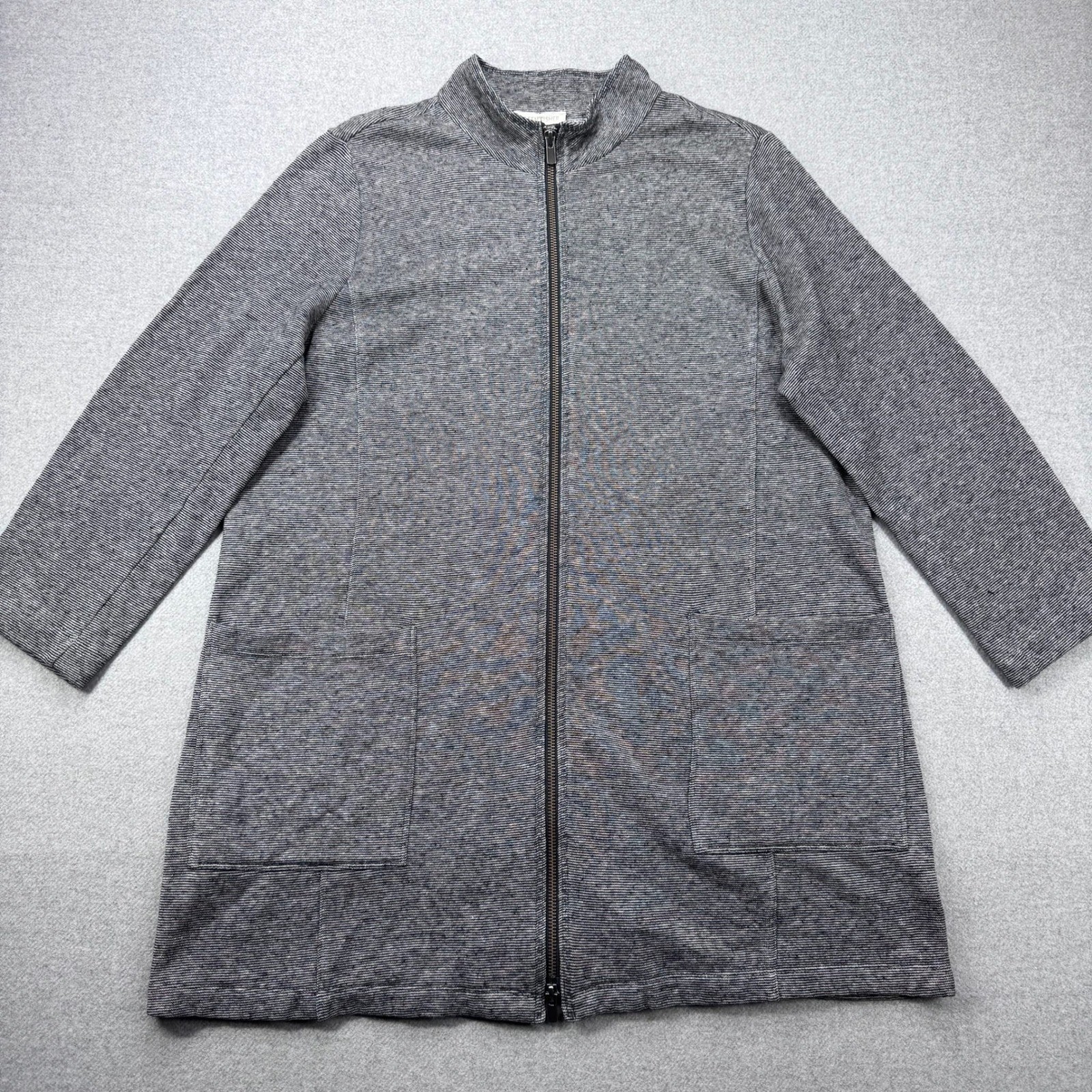 Eileen Fisher Gray Marled Knit Zip Front Jacket Cardigan Sweater Hemp Blend Sz L