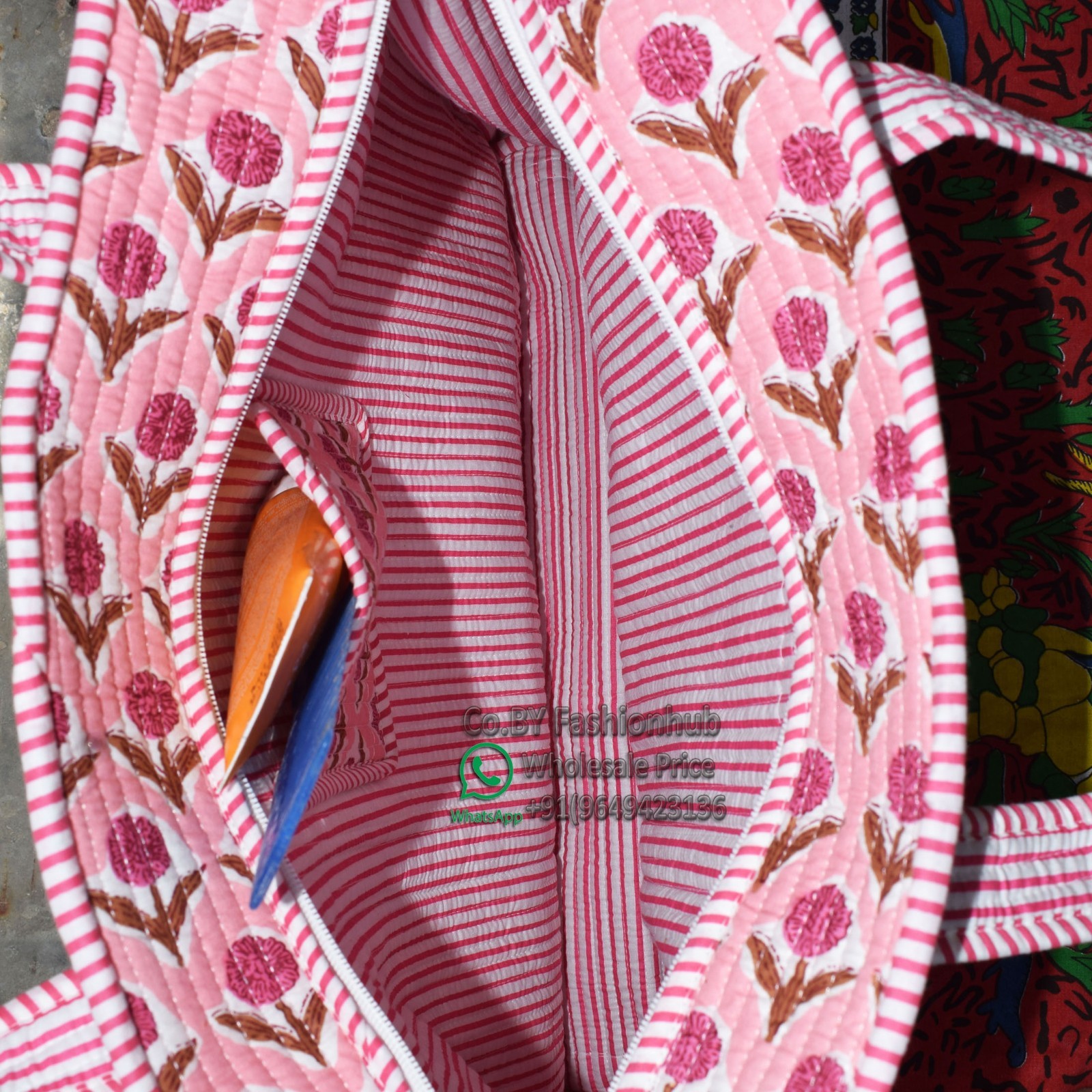 Quilted Tote Bag Handmade Block Print Cotton Handbag Indian Floral Boho Beach
