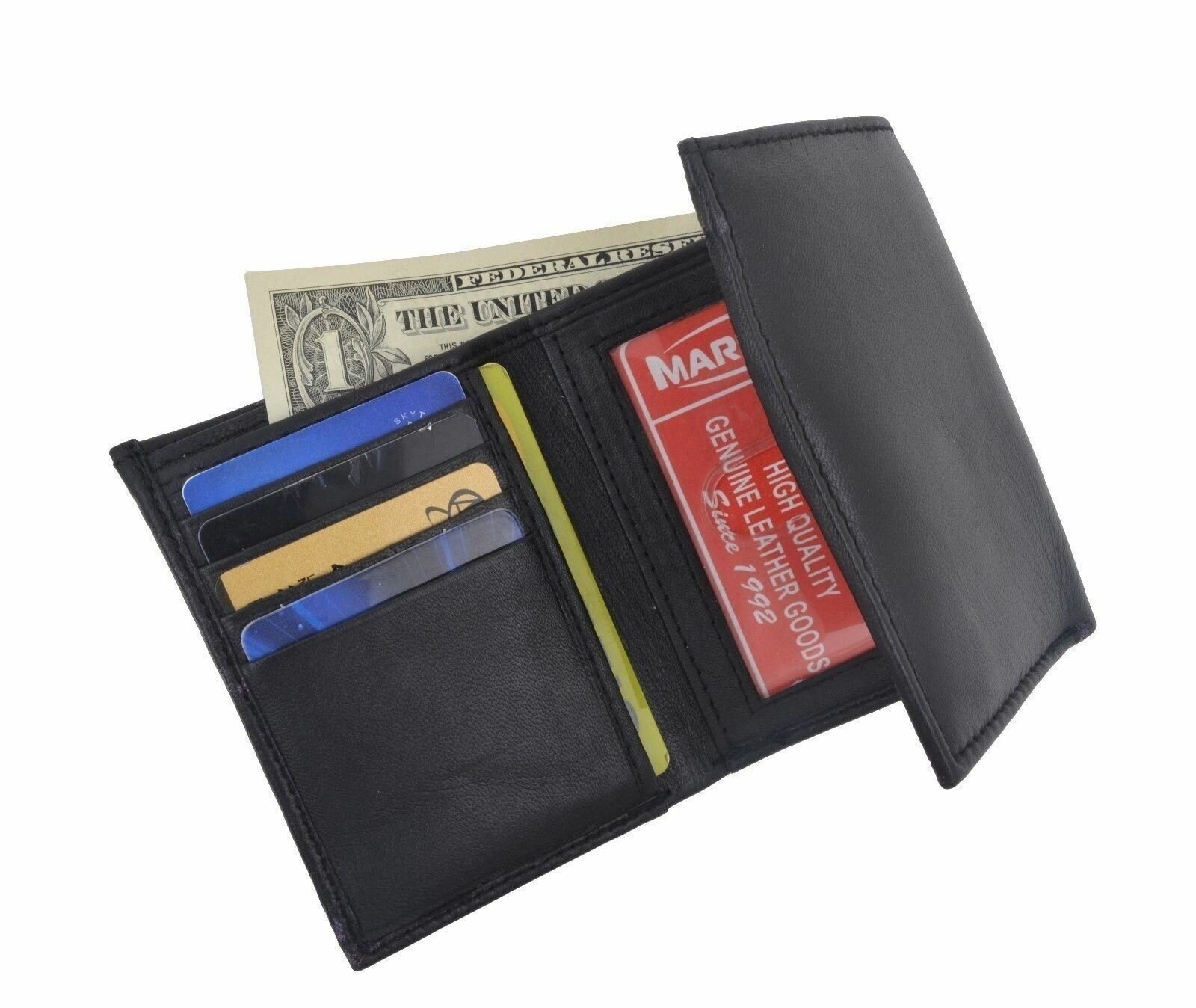 Men’s Genuine Leather Trifold Wallet Black 8 Credit Card slots ID window