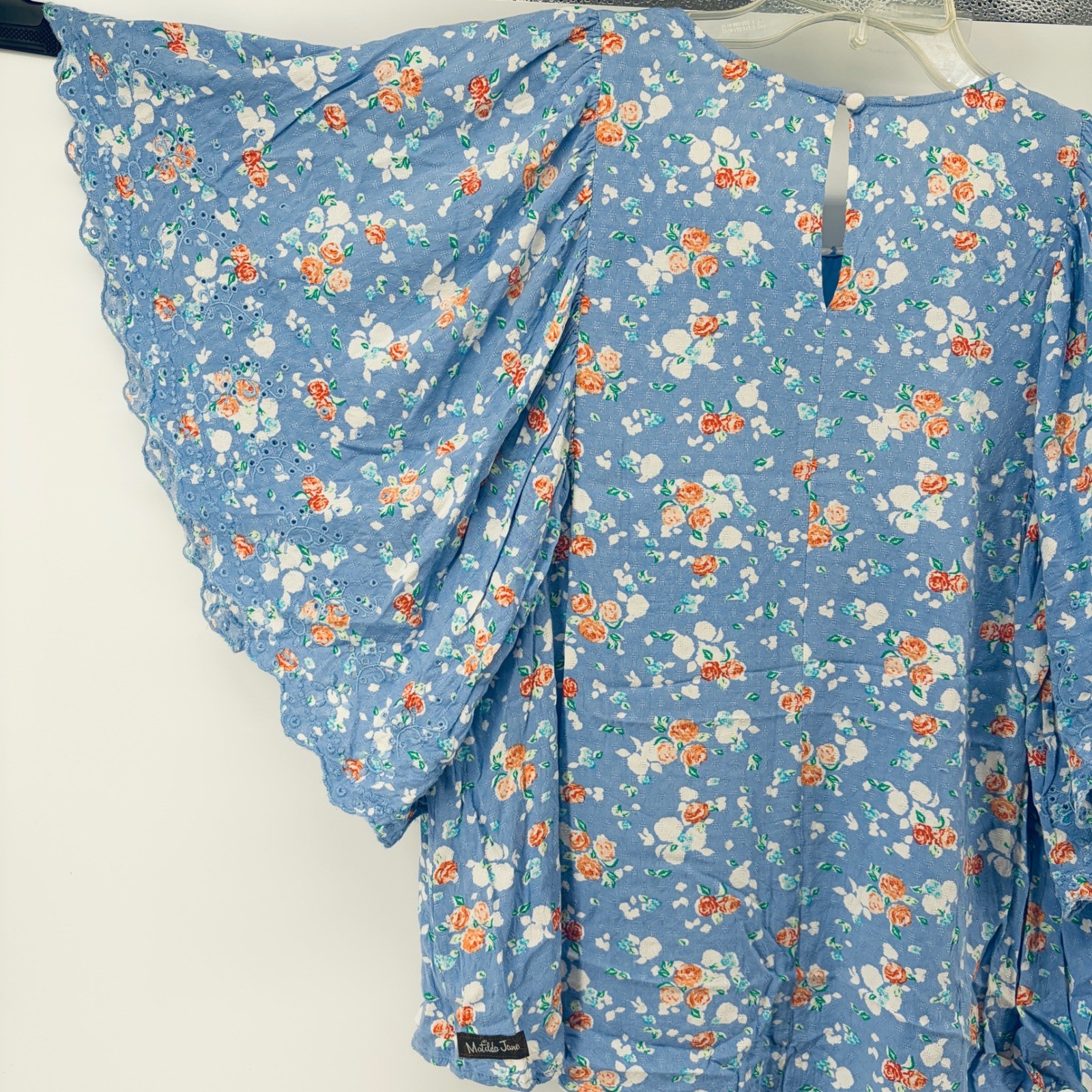 Matilda Jane Top Large Blue Floral Crochet Lace Butterfly Sleeve Boho Flowing