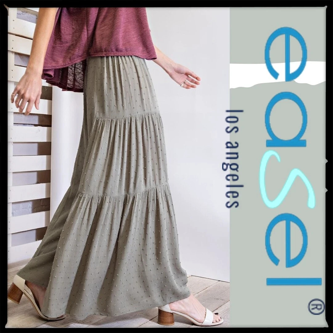 NWT S EASEL FADED OLIVE “ANY SEASON” SWISS DOT Tiered WIDE LEGS PANTS BHCS