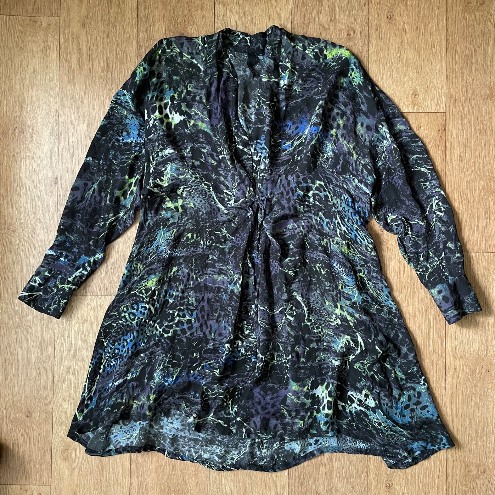 Edun 100% silk dress animal long sleeve dark purple Leopard green midi L