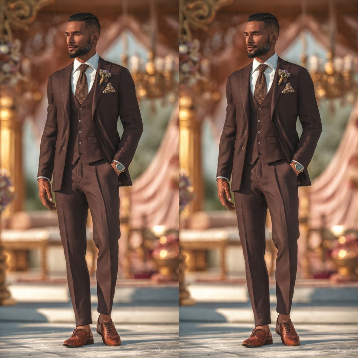 Brown Men’s Suits Peak Lapel Tuxedos Business Jacket 3Pcs Single Breasted Coat