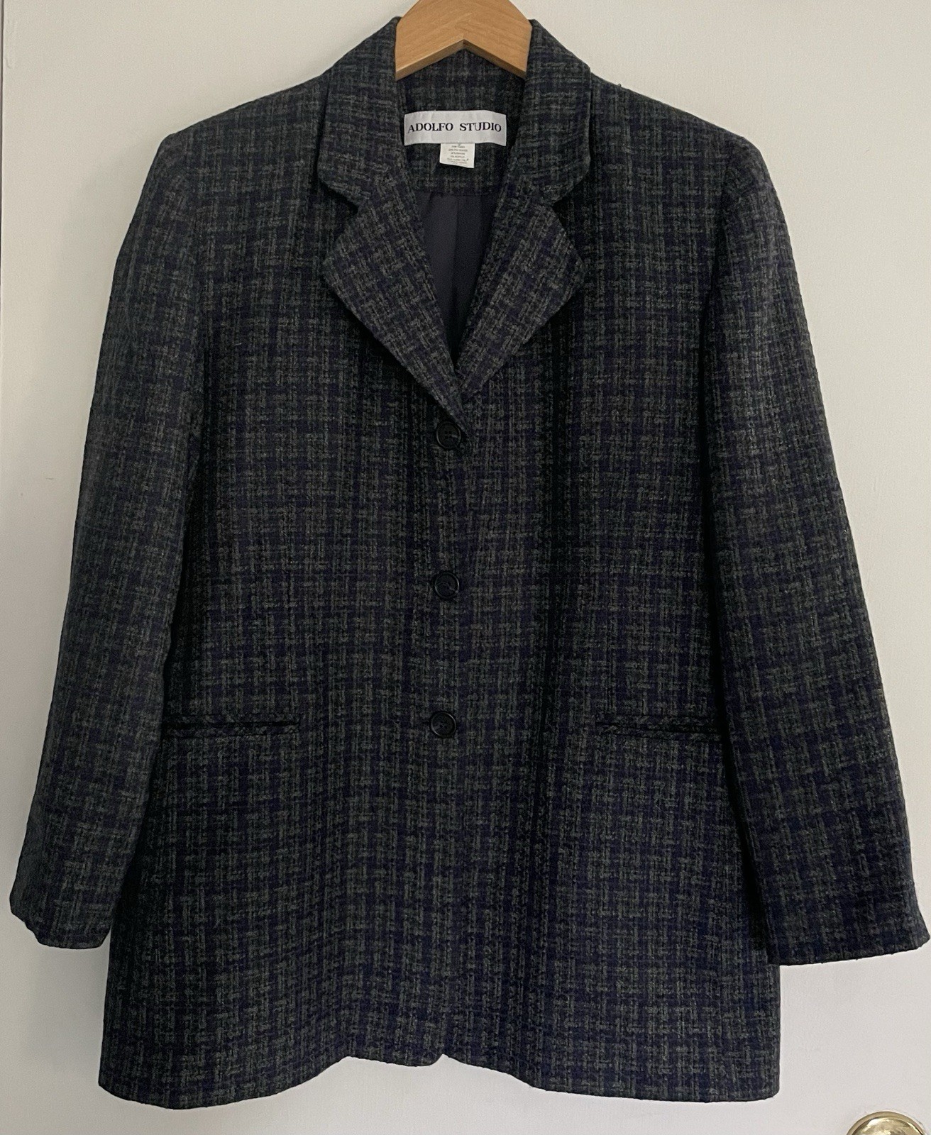 Vtg Adolfo Studio Women’s 2 Piece Tweed Skirt Suit Gray Blue Blazer Work Size 14