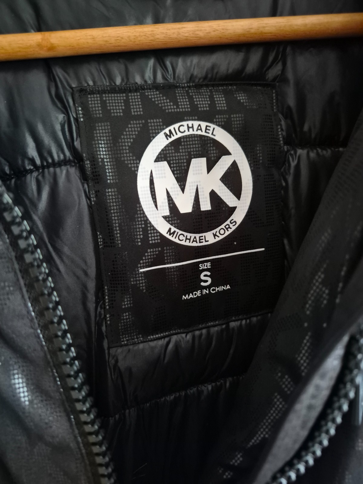 Michael Kors black multi logo print longline coat size S 42″ chest new cost £275