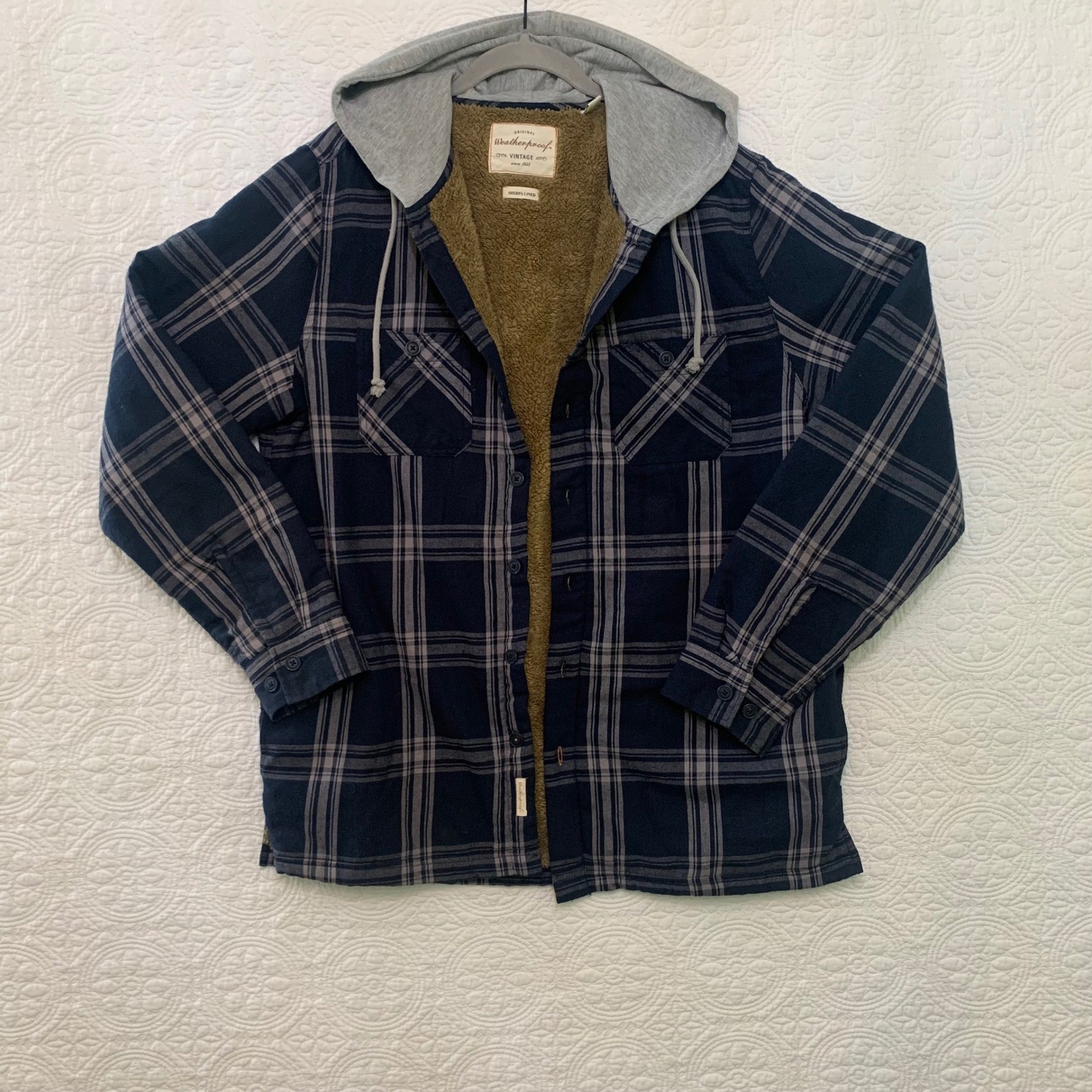 Weatherproof Vintage Mens Sherpa Lined Flannel Hooded Shirt Jacket Navy Grey L