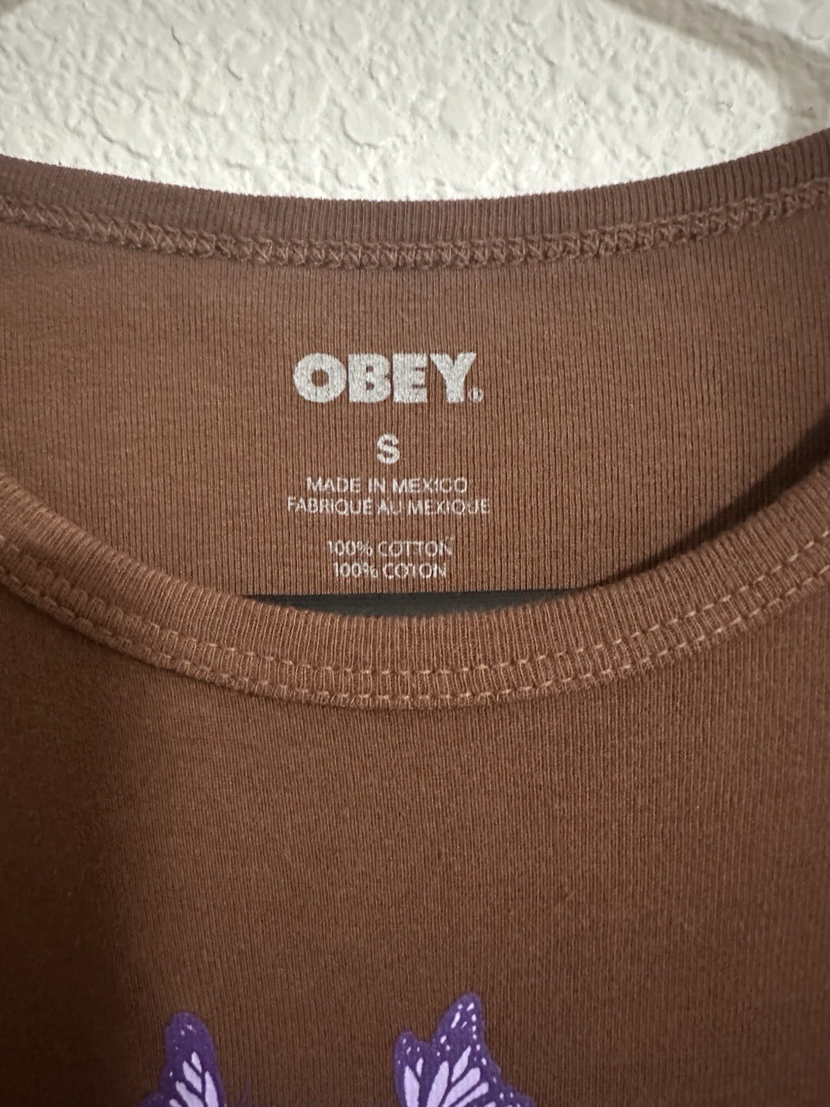 NWOT Obey Cherubs Its All Love S Cropped Long Sleeve T-Shirt Brown Purple Ruffle