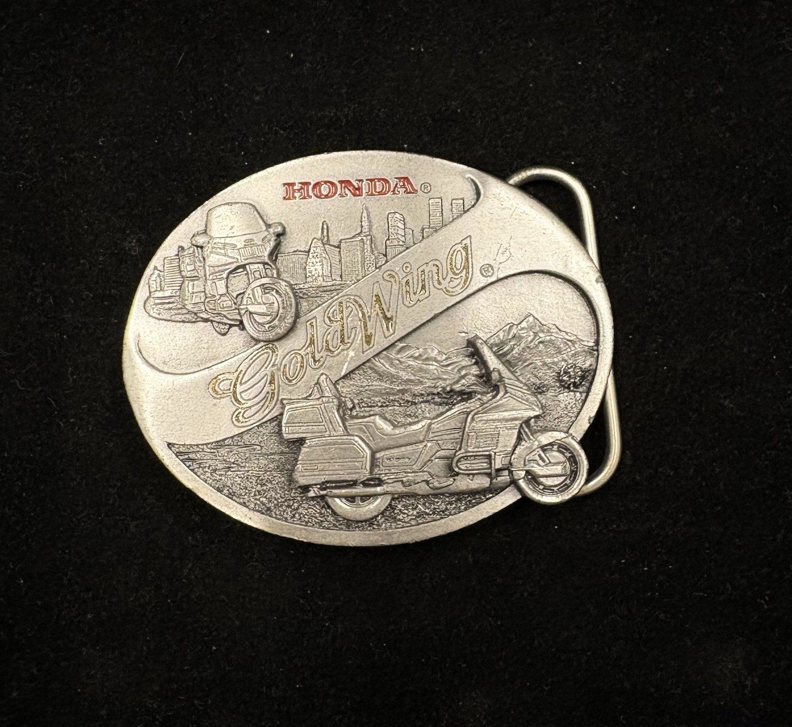 vintage pewter Honda Gold Wing belt buckle scenic motorcycle design RARE