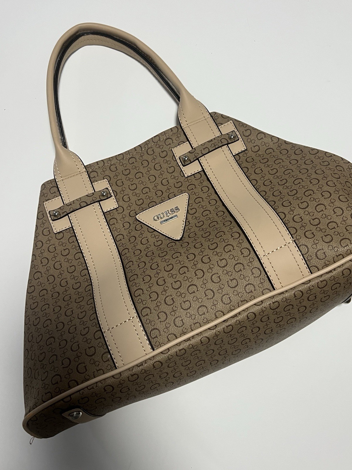 GUESS Beige Brown Logo Print Satchel Top Handle, Magnetic Closure, Detach Strap