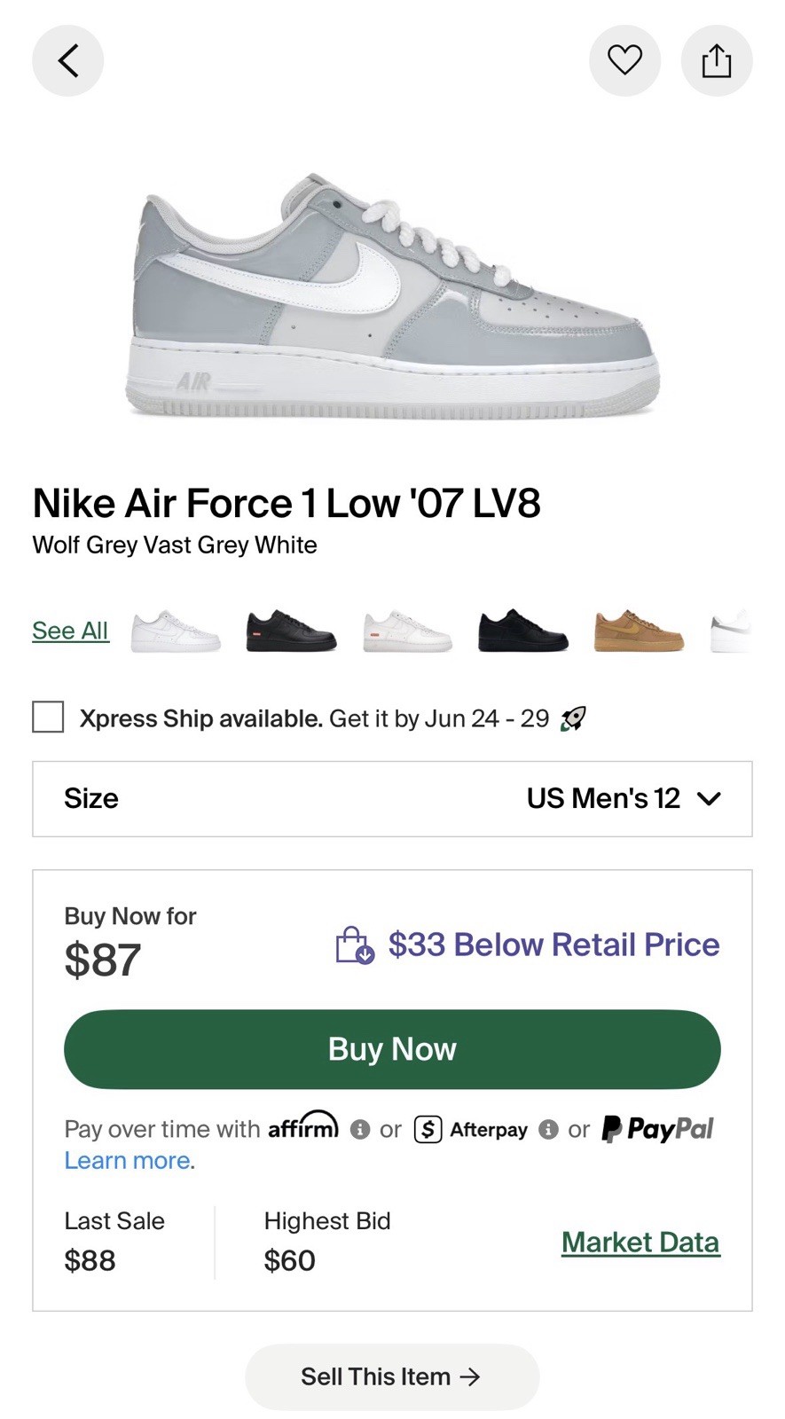 Nike Air Force 1 Low 07 LV8 Wolf Grey Vast Grey White Size 12