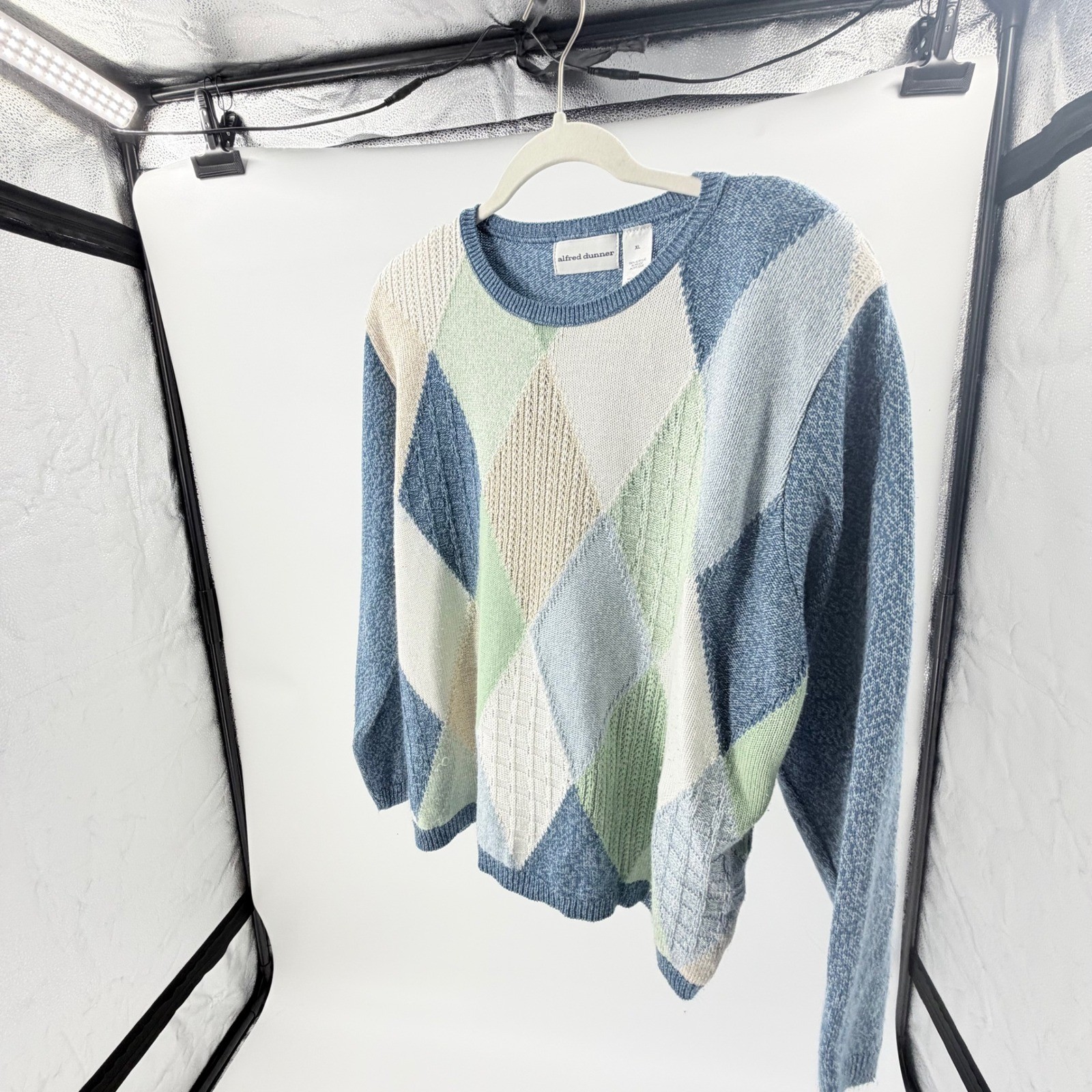 Golf Core Preppy Womens XL Blue Argyle Crewneck Sweater Pastel Knit Made in USA