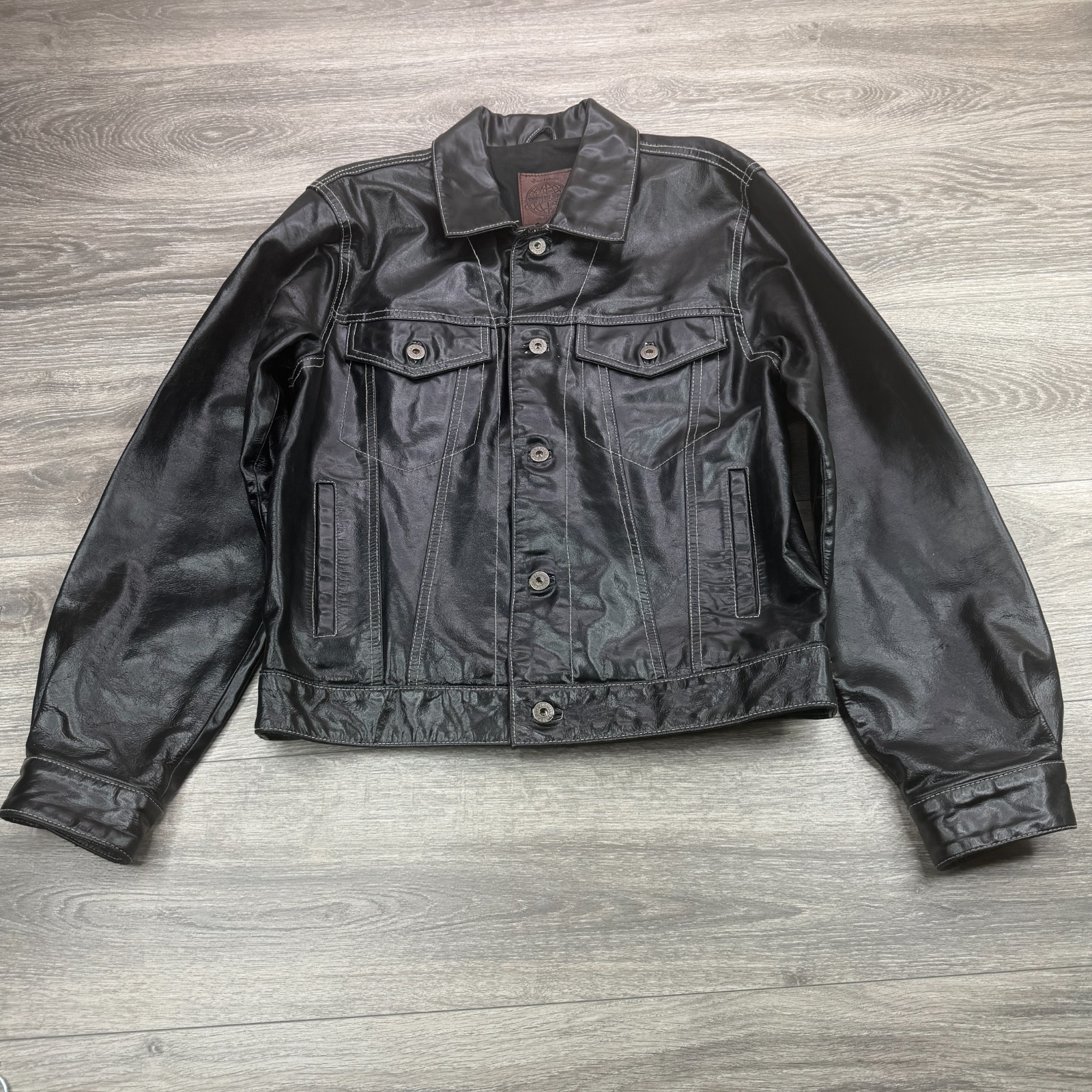 VTG Gap Leather Jacket Mens Small Black Trucker Boxy Stitch Moto Biker Y2K 90s