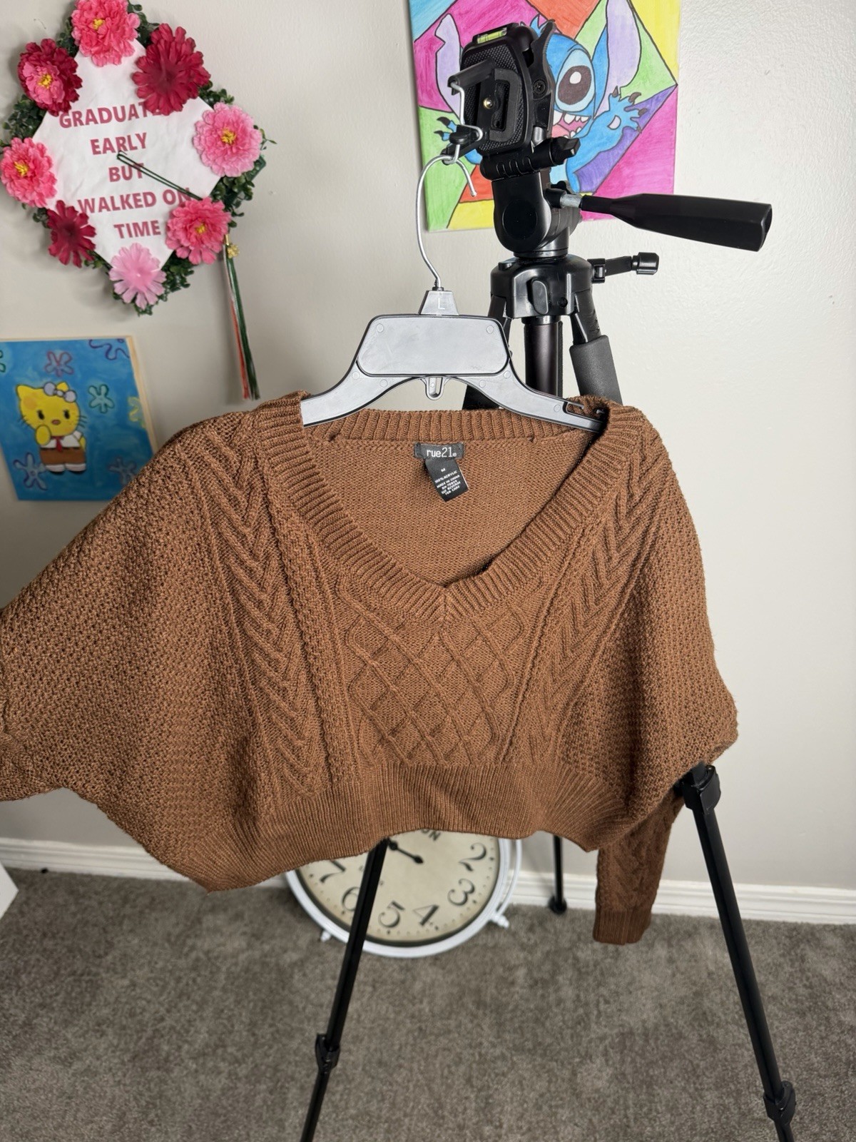 rue21 Brown Cable-Knit V-Neck Cropped Pullover Sweater Long Sleeve M