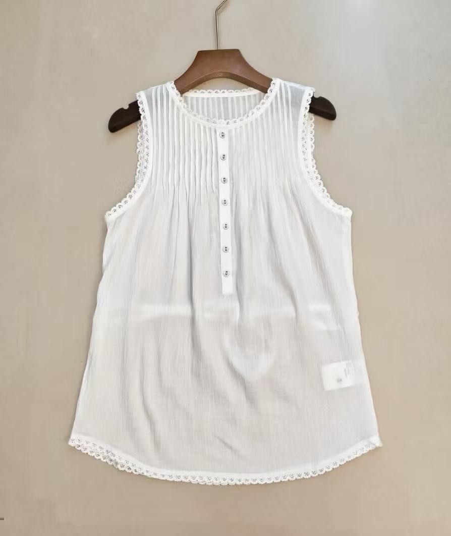 Doen Breathable Strap Waist Lace Edge Sleeveless Top+Mesh Splicing Half Skirt