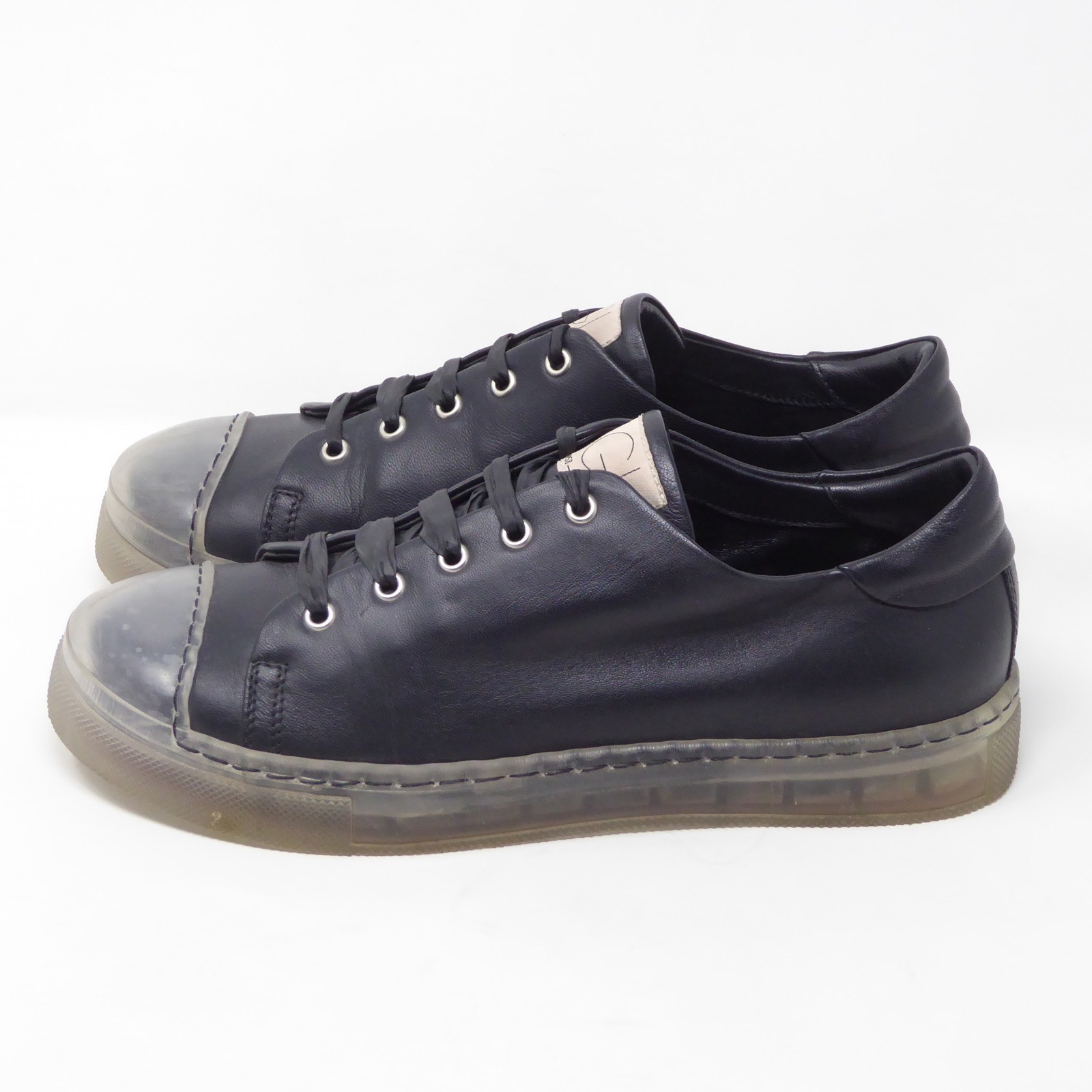 AGL Womens Clear Sole Sneakers Shoes Black Leather Lace Up Cap Toe 38EU / 8US