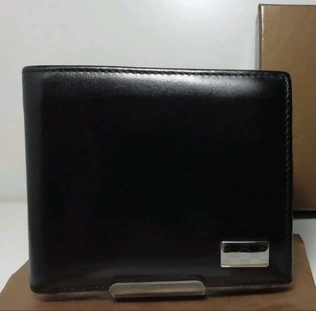 GUCCI Gucci GG Plate Black Leather Folding Wallet