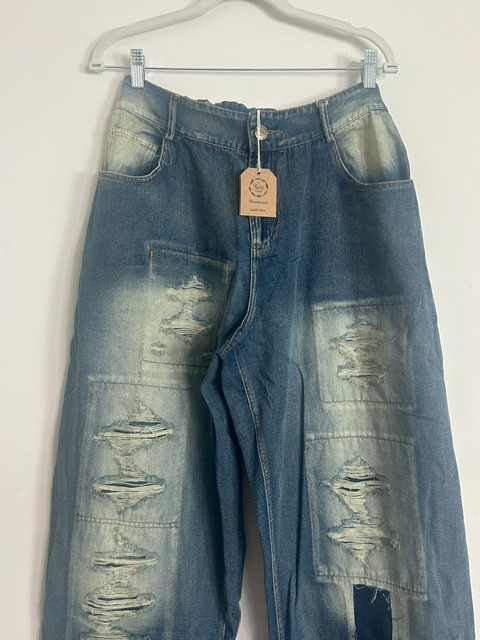 A Rare Bird Women Distressed Patchwork Grunge Elastic Waist Denim Jeans NWT