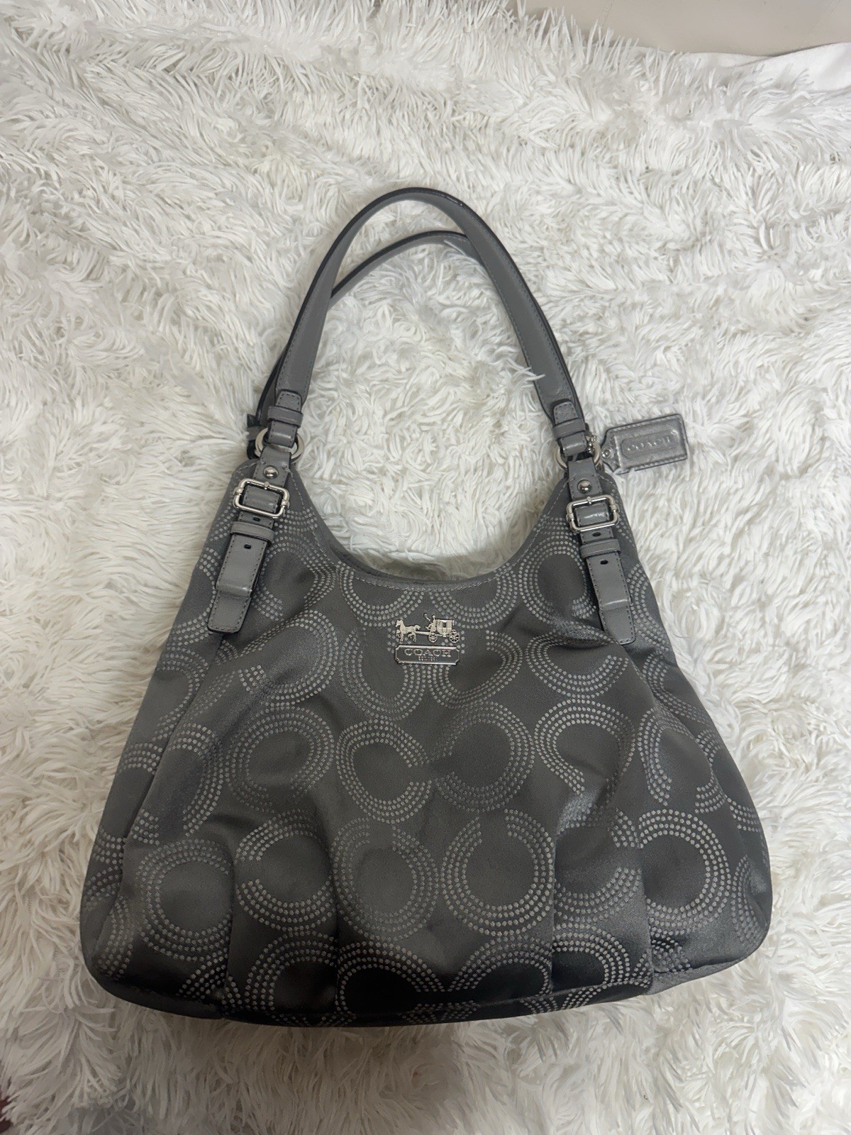 Coach Madison Maggie Dotted Op Art Gray & Silver Sateen Hobo Shoulder Bag