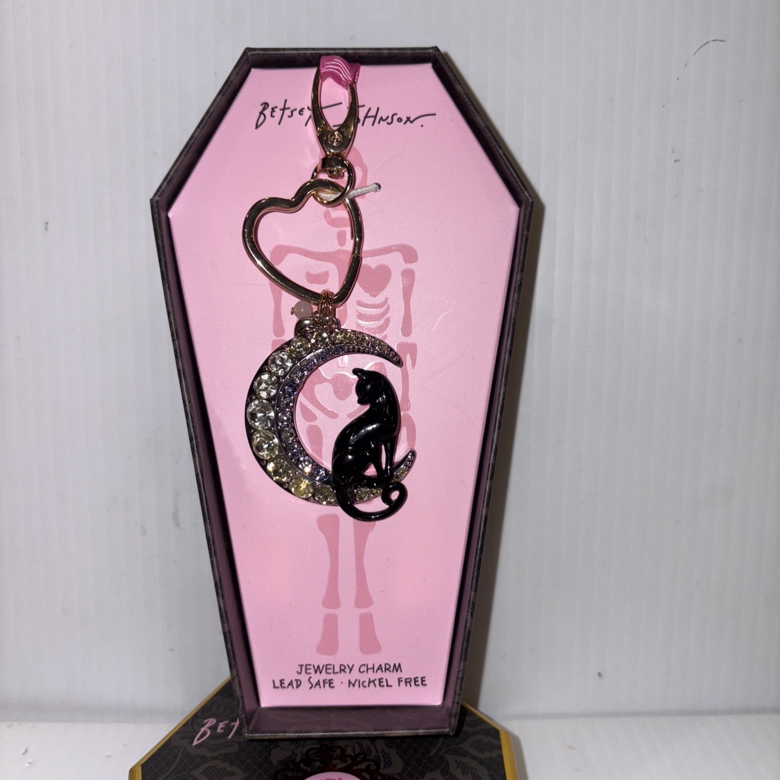 $58 Betsey Johnson Halloween Moon & Black Cat Jewelry Charm Keychain NEW in Box