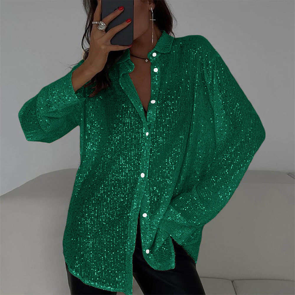 Womens Sequin Glitter Shiny Button Down Shirt Ladies Clubwear Party Tops Blouse