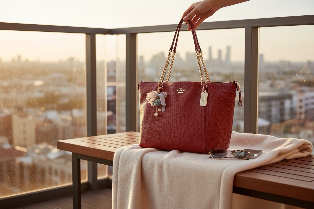 Coach Pebbled Leather Ava Chain Tote Red with Gold Hardware