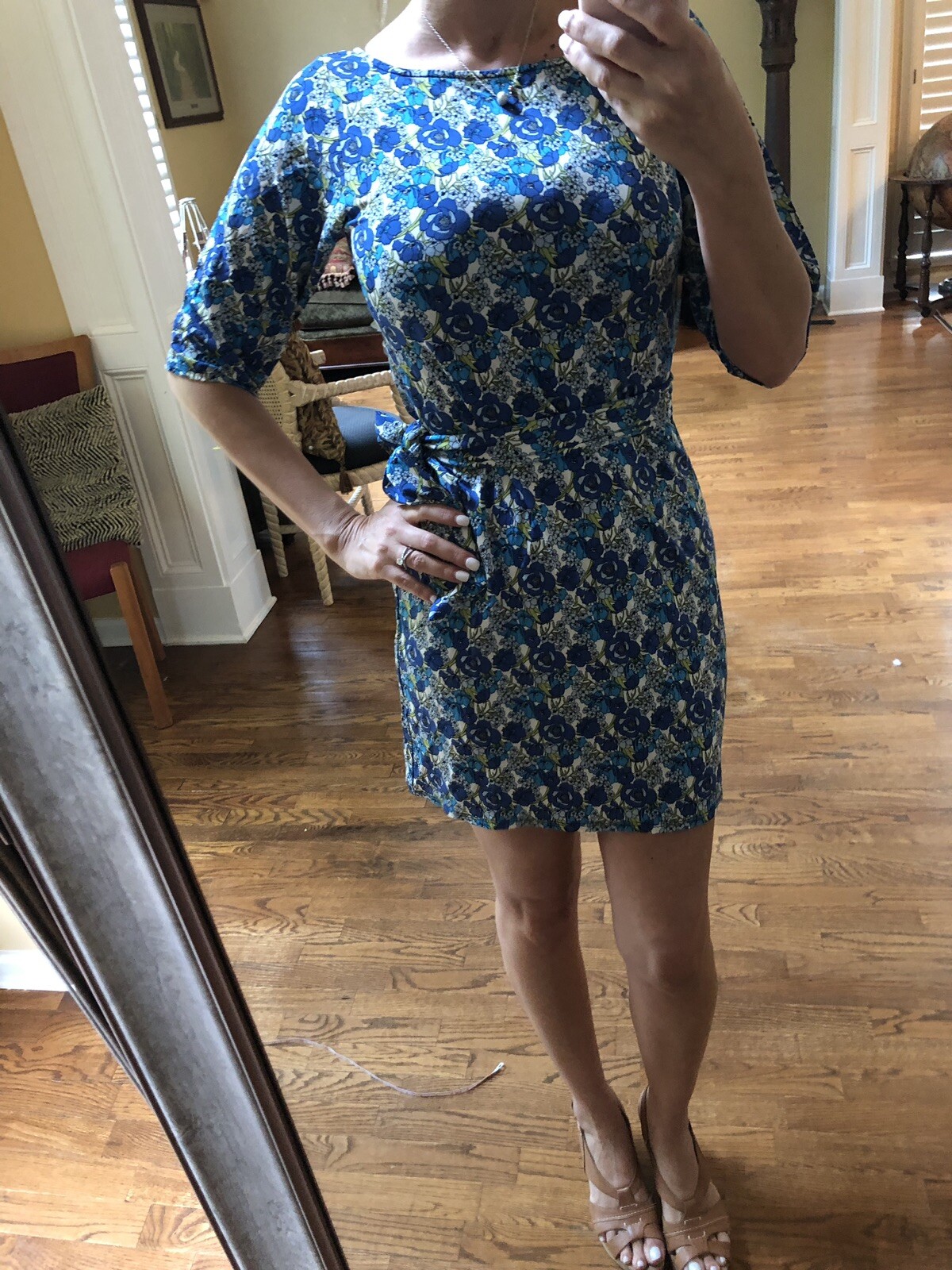 Leota Compass Rose Dress s Small Blue White Floral jersey Belted Shirt style