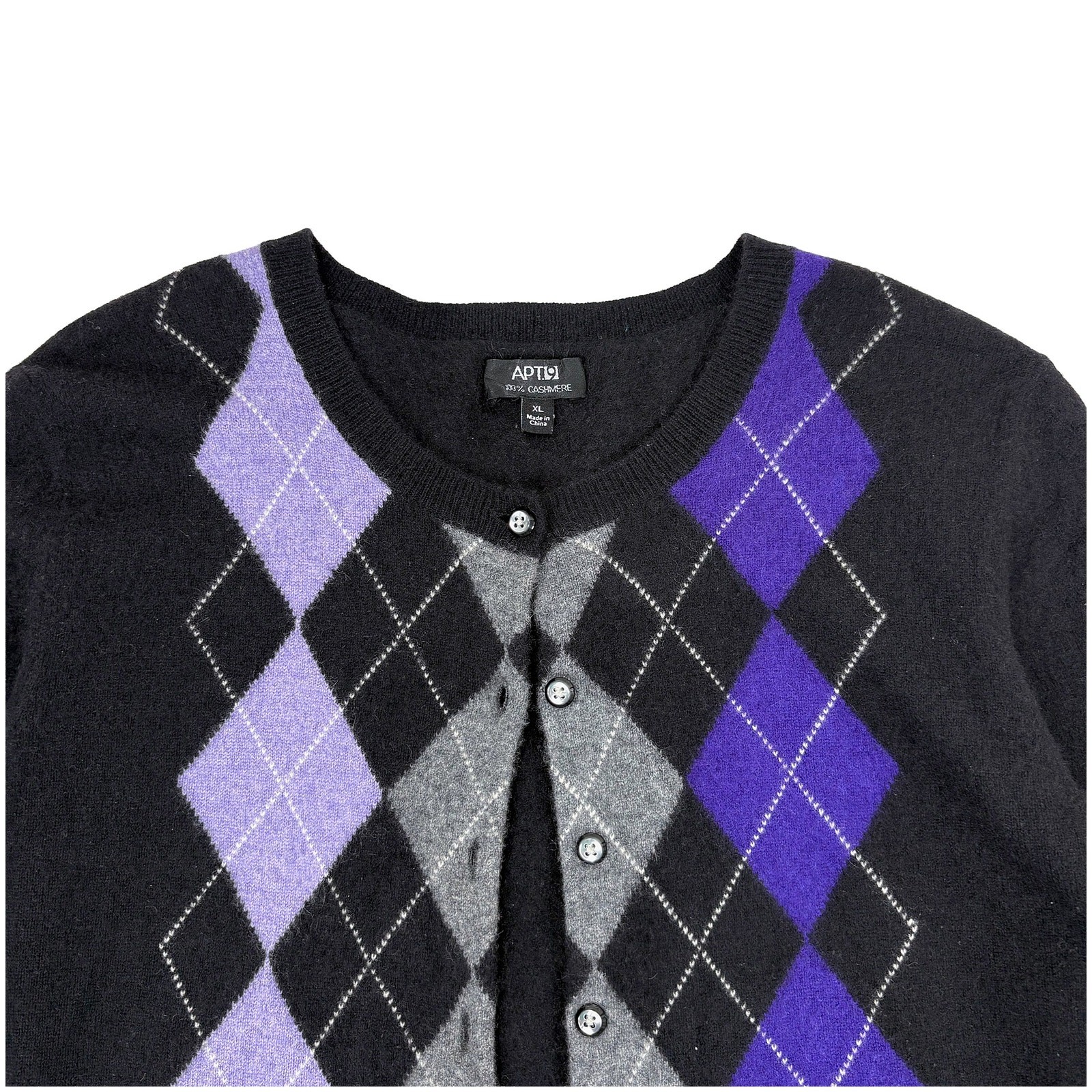 Argyle Cashmere Cardigan Sweater Women XL Black Purple Preppy Academia Office