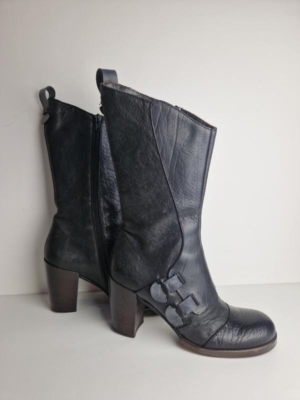 Vintage IXOS Black Leather Mid Calf Boots EU 38 US 7.5 Made in Italy Chunky Heel