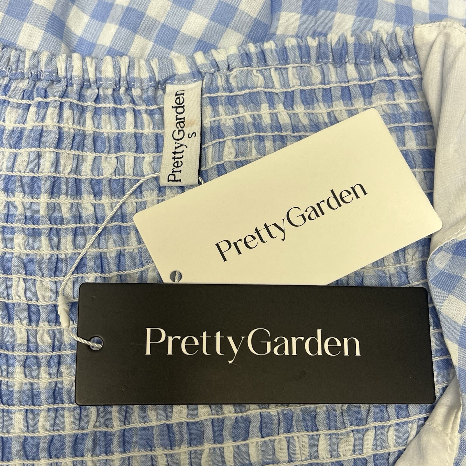 PrettyGarden Blue White Gingham Maxi Dress Smocked Back Sleeveless Size S NWT