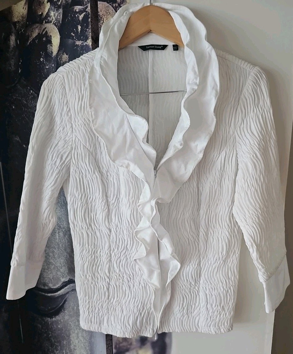 SAMUEL DONG Victorian Ruffle Trim Texured White Zipper Blouse 3/4 Sleeve Cuff L