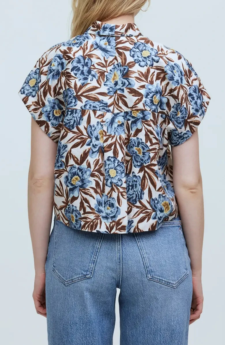 Madewell 100% Linen Button Down Short Sleeve Cropped Shirt Top Blouse Large