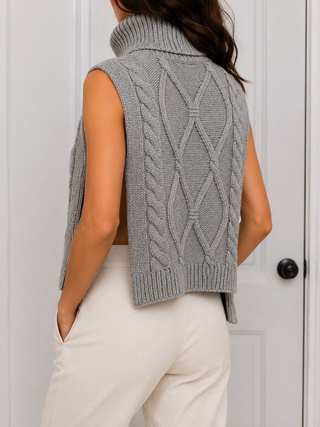 Primark Cares Gray Cable Knit Sleeveless Turtleneck Sweater Vest Open Side Layer