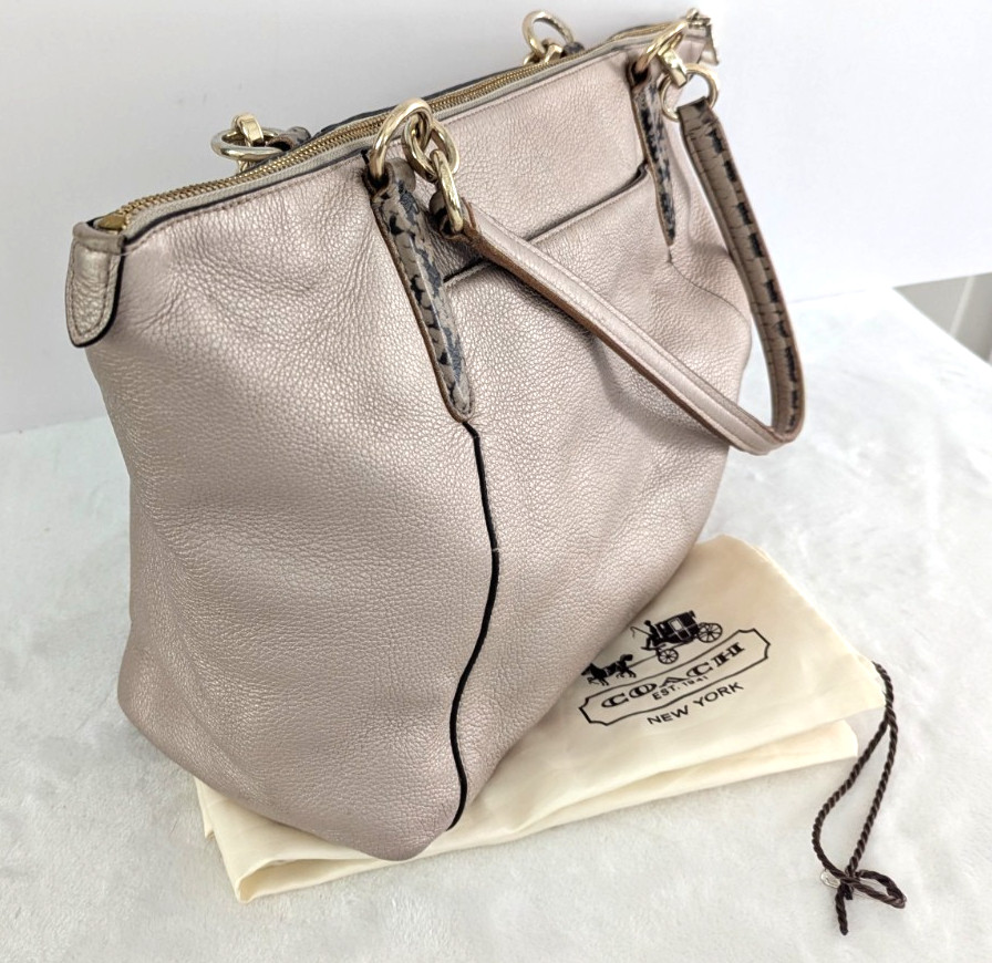 Coach Ava Large Tote Metallic Beige Pink Gold Leather Bag Exotic Trim Dust Cover