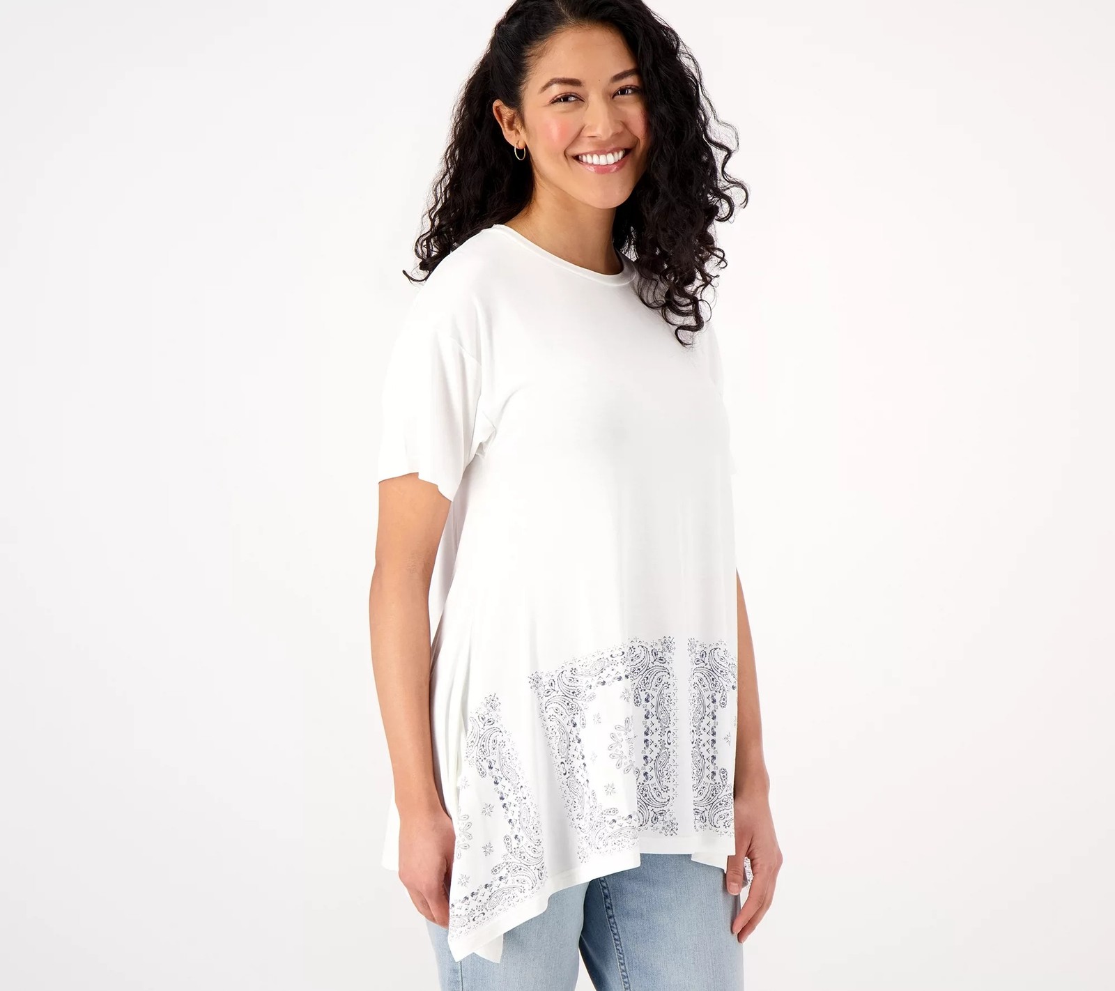 Laurie Felt Silky Rayon Made From Bamboo Paisley Printed Tee Shirt White XXS New