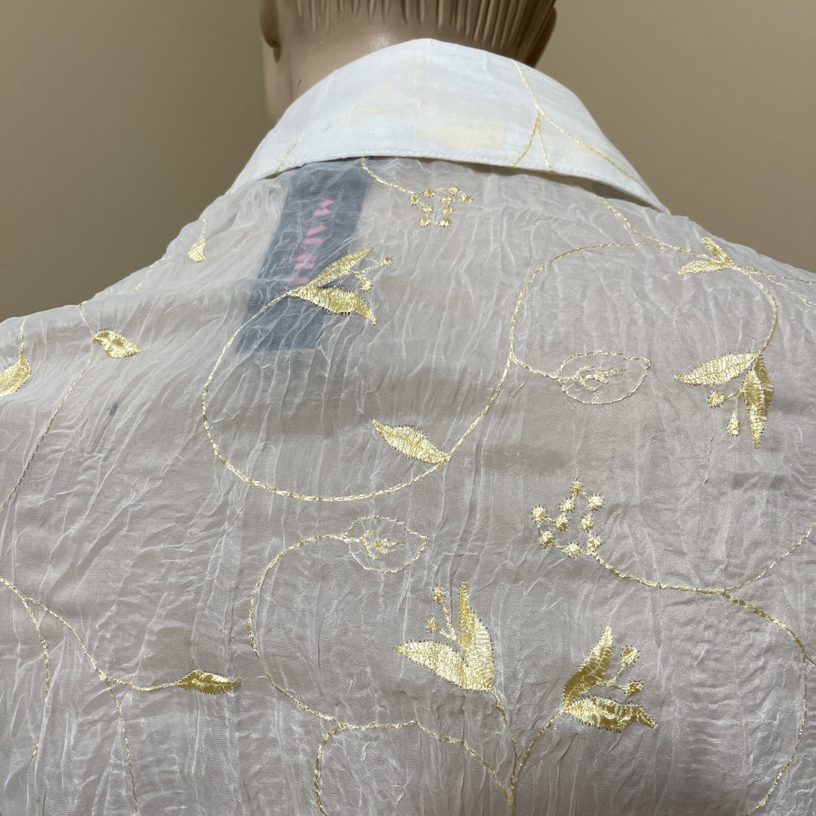 Women’s Ivory Polyester Sheer Yellow Embroidering Beaded Size L Button Up Top