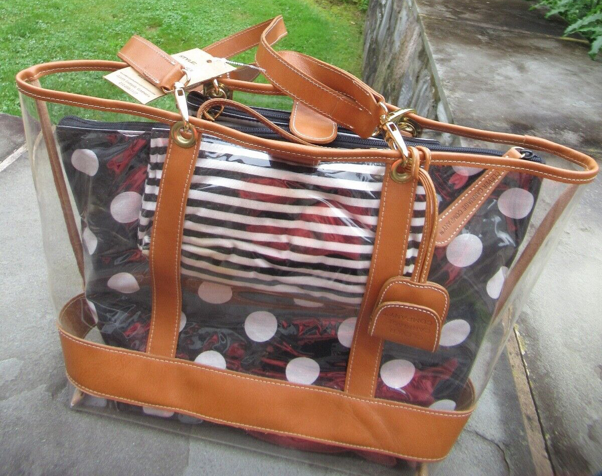 NWT Clever Carriage Co. Large Clear Tote/ Leather Trim/ Striped/ Polka Dot Bags