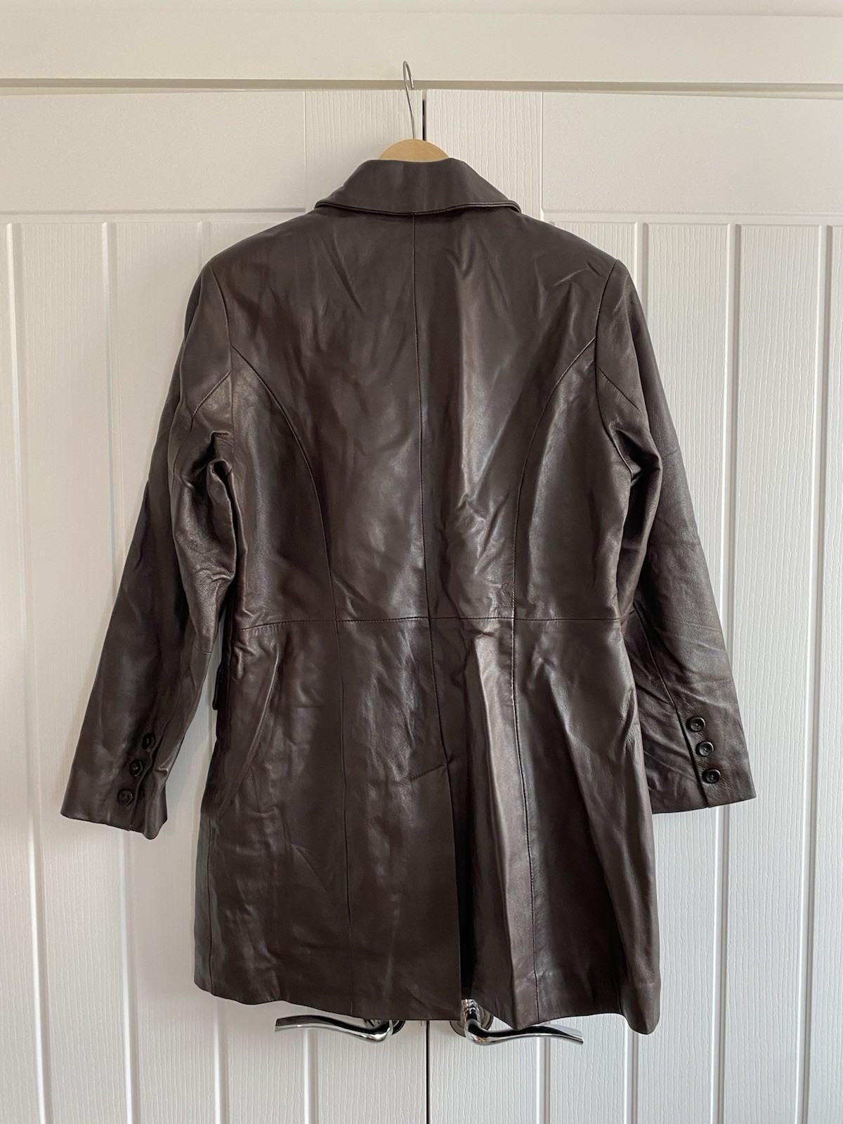 Mode Vintage Ladies Brown Leather Longline Jacket UK 10