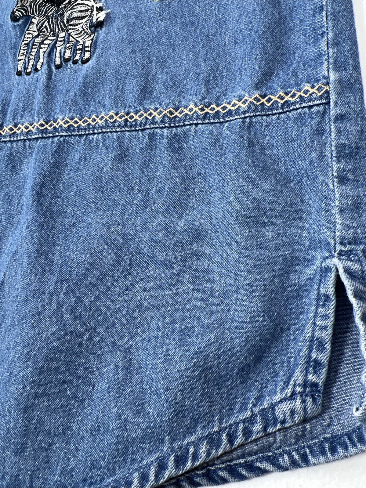 Vintage Lemon Grass Safari Denim Blouse Lion Zeba Embroidery Size Petite Medium